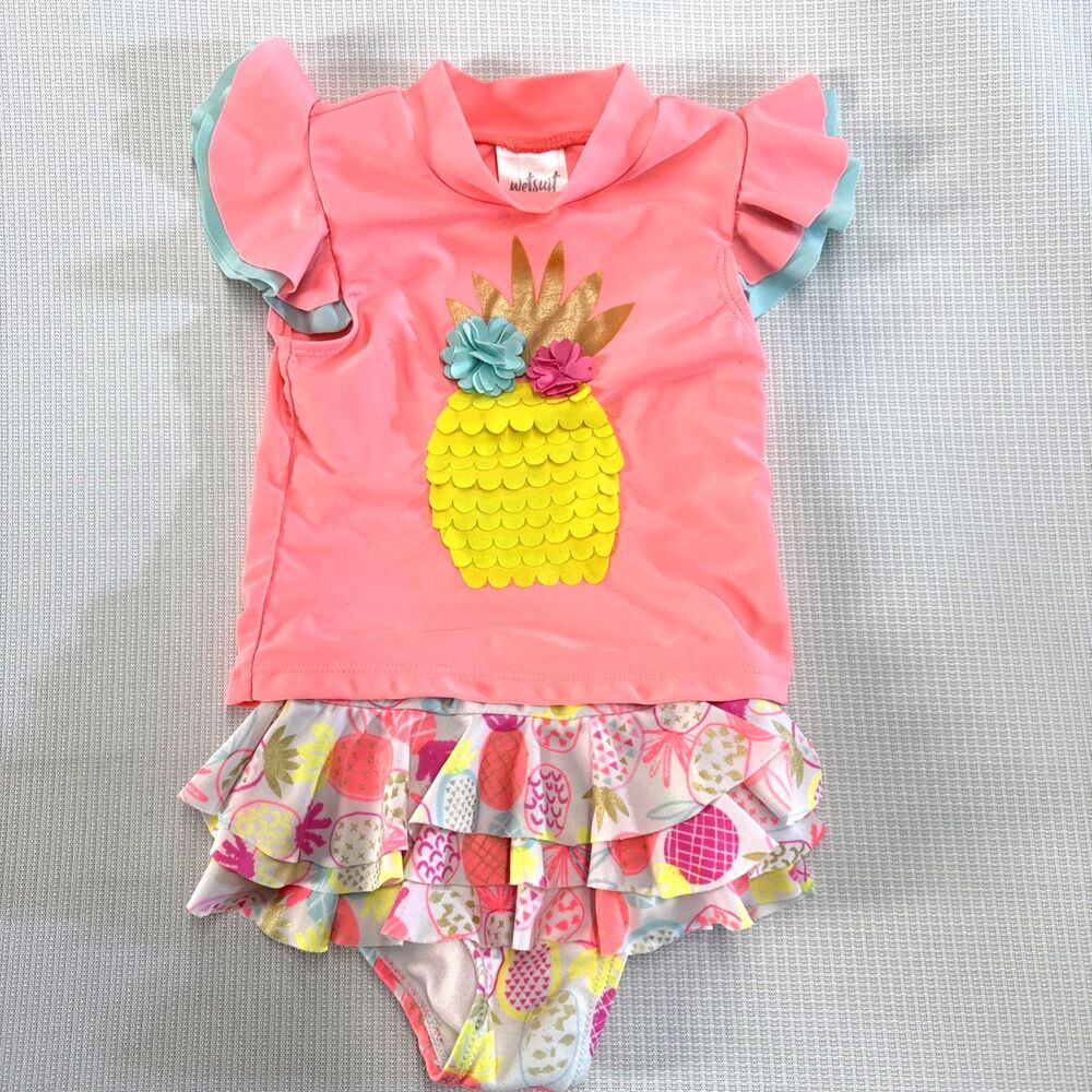 WETSUIT CLUB Baby Girl Pink Top Yellow Pineapple Swim Set - 18M - Frilly Summer
